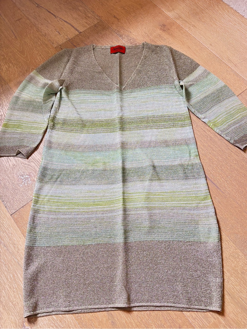 Missoni Women’s Striped V-Neck Knit Sweater Dress in Green and Taupe 38
